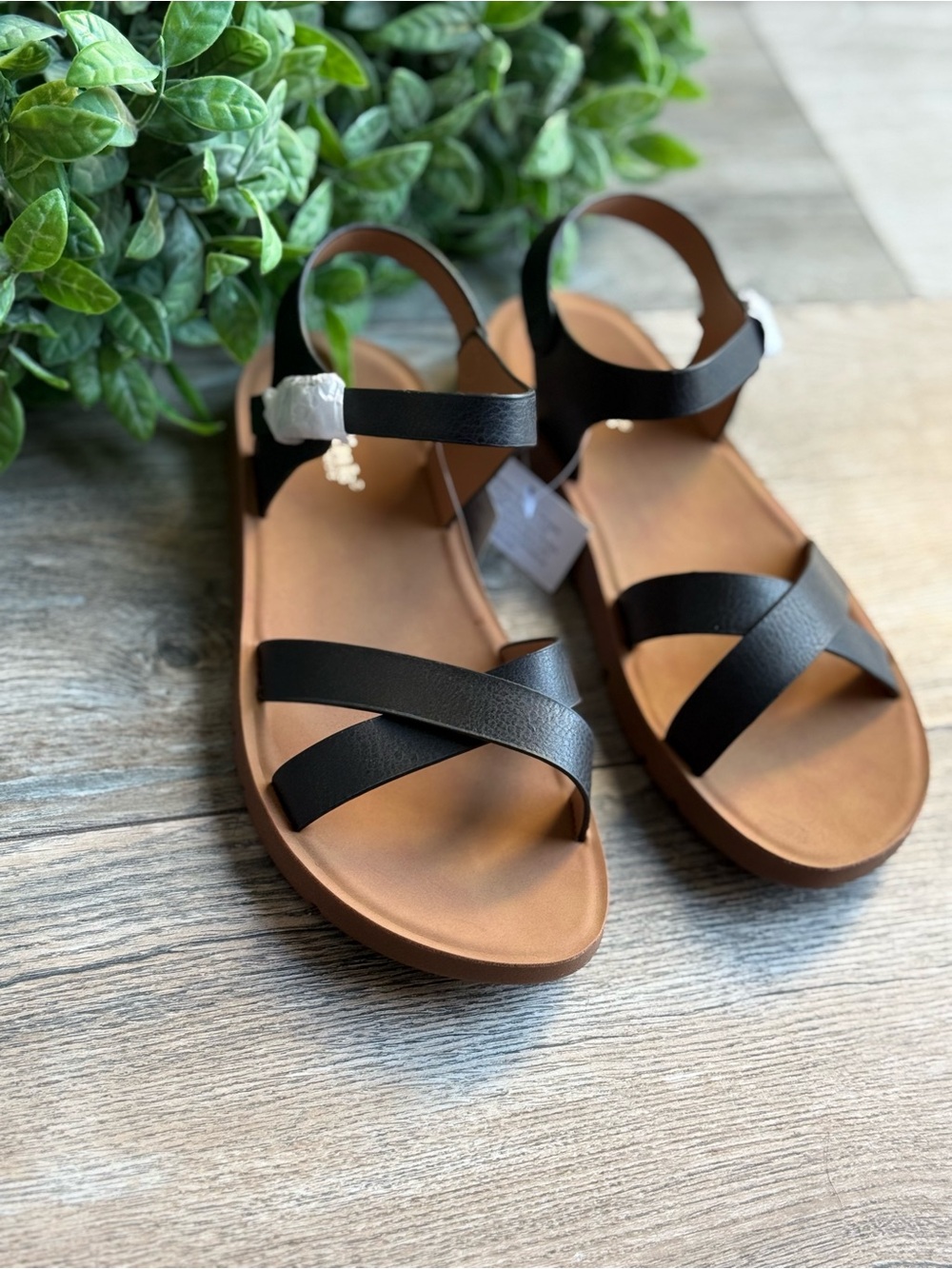 Link Black Strappy Sandals with Tan Footbed